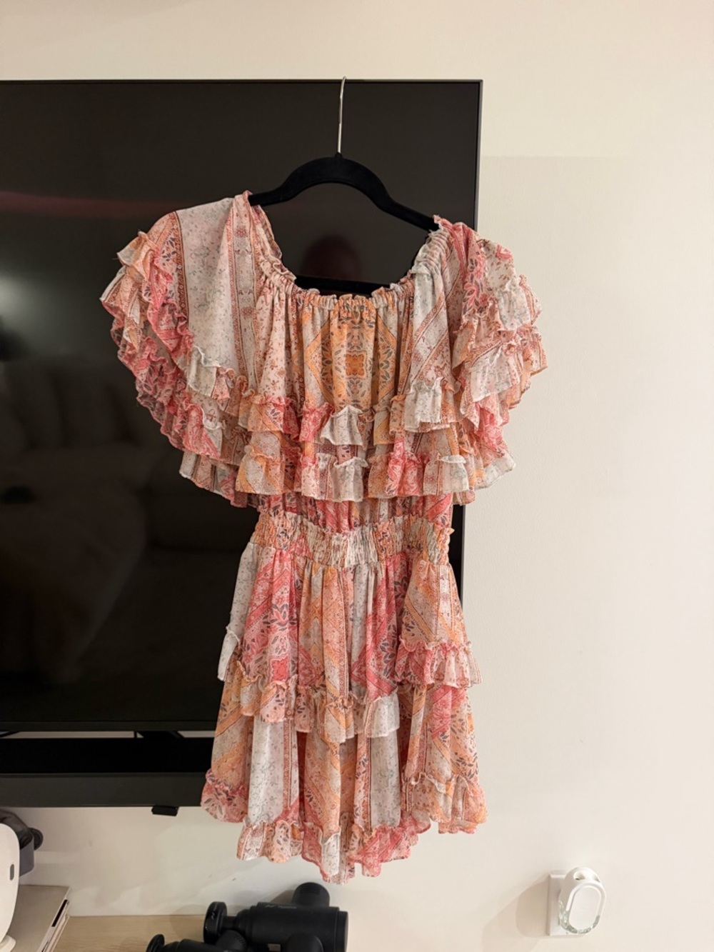 Misa Los Angeles Pink & Peach Tiered Ruffle Strapless Dress